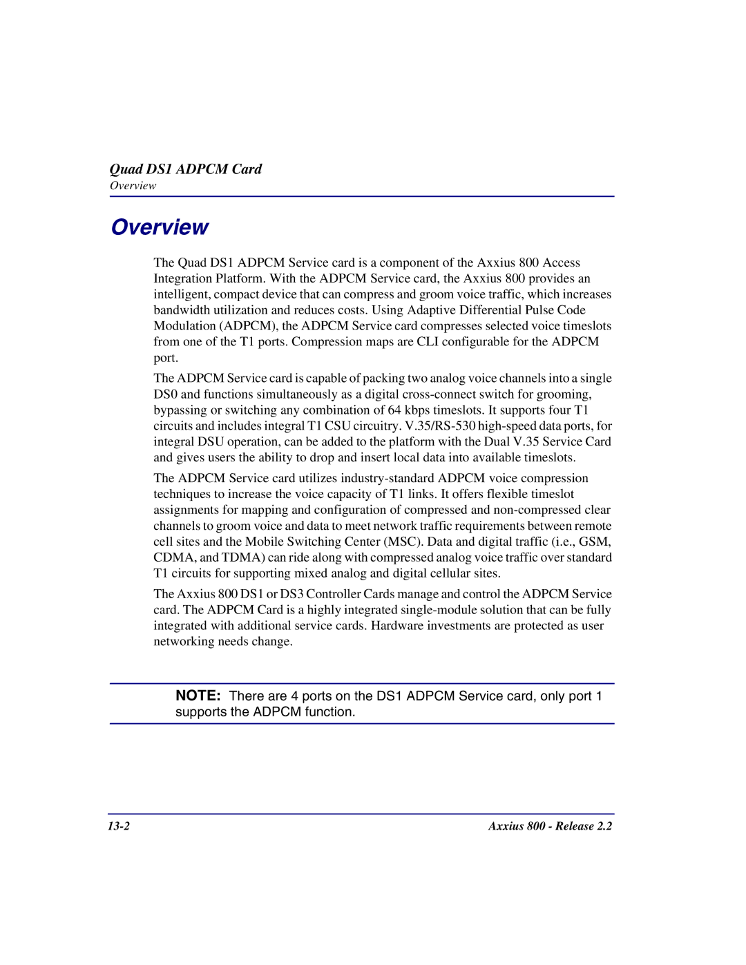 Carrier Access Axxius 800 user manual Quad DS1 Adpcm Card 