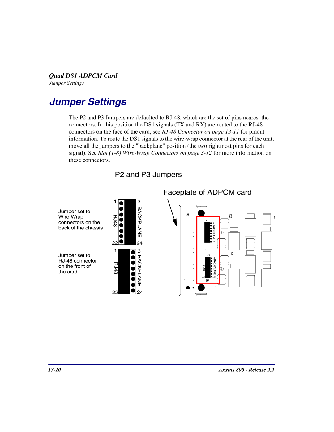 Carrier Access Axxius 800 user manual P2 and P3 Jumpers Faceplate of Adpcm card 