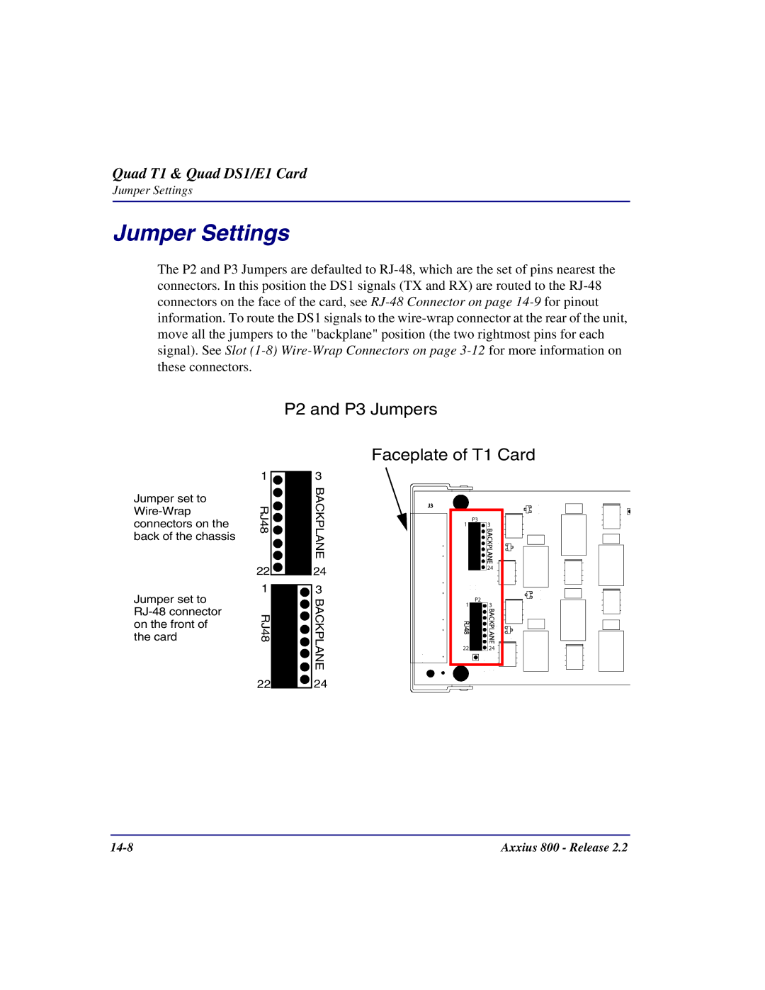 Carrier Access Axxius 800 user manual P2 and P3 Jumpers Faceplate of T1 Card 