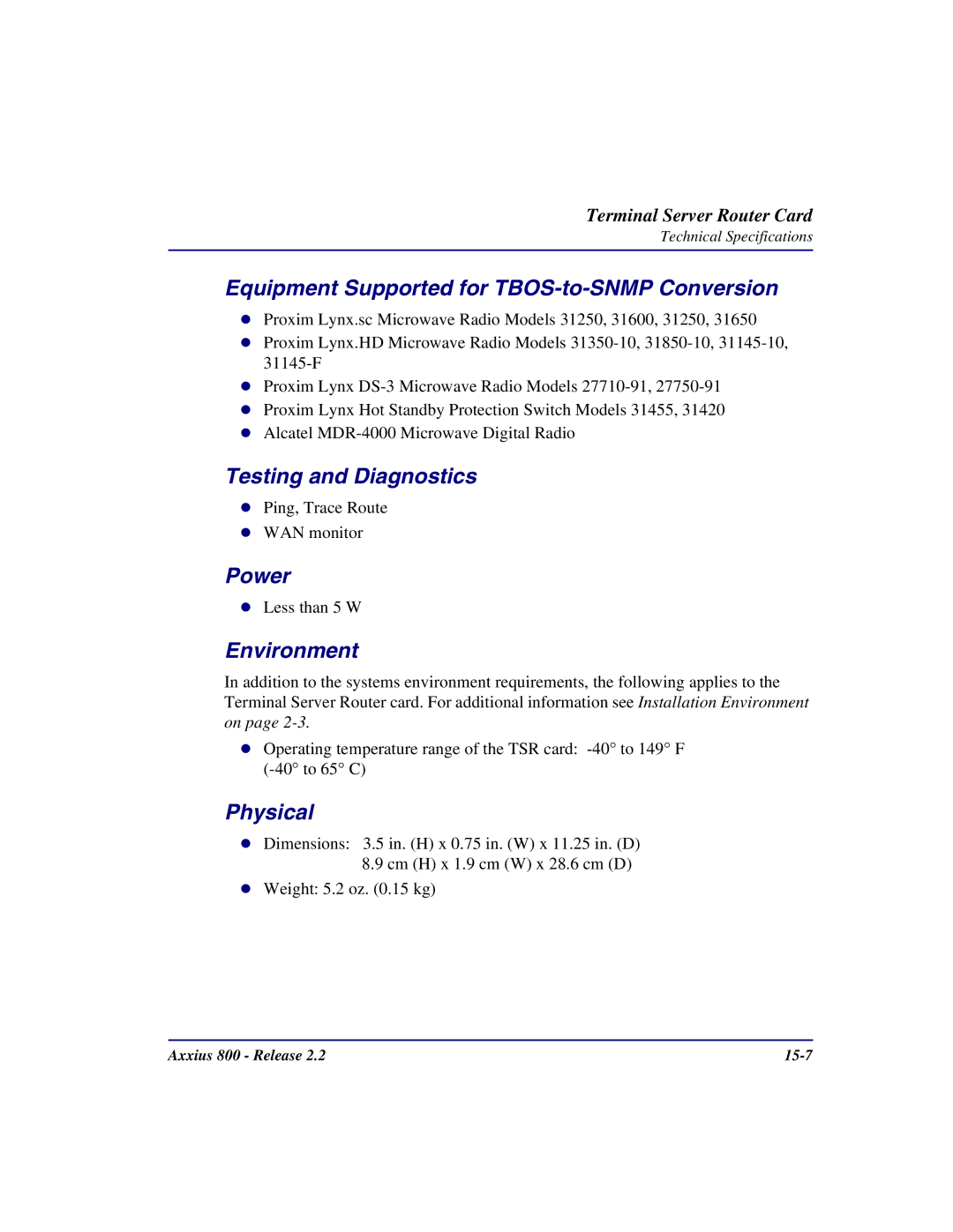 Carrier Access Axxius 800 user manual Equipment Supported for TBOS-to-SNMP Conversion, Testing and Diagnostics 