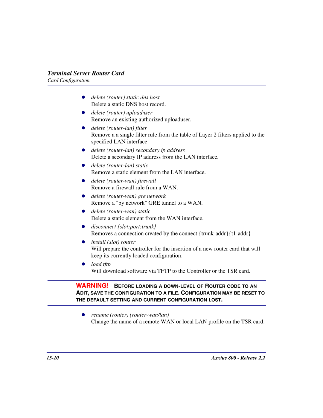 Carrier Access Axxius 800 user manual Delete router-lan secondary ip address 