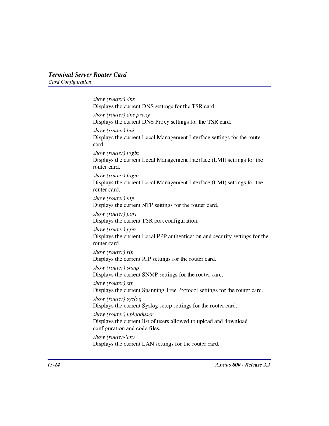 Carrier Access Axxius 800 user manual Show router dns 