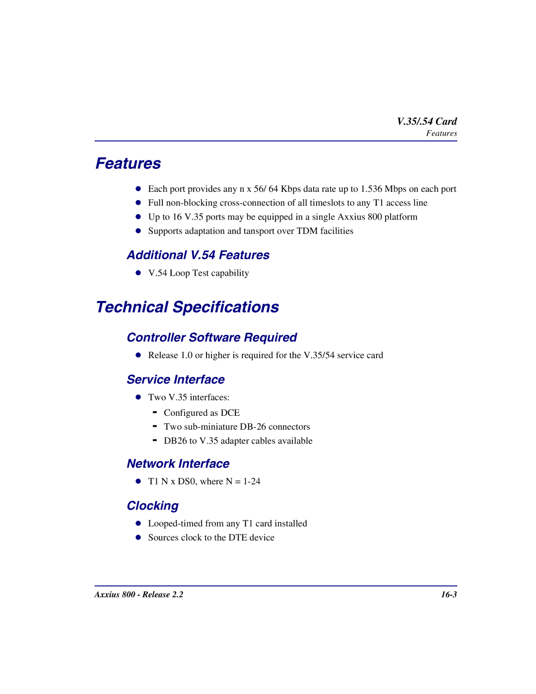 Carrier Access Axxius 800 user manual Additional V.54 Features 