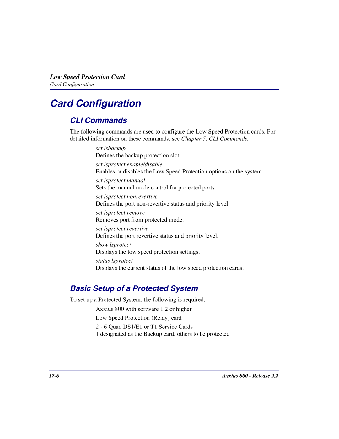 Carrier Access Axxius 800 user manual Card Configuration, Basic Setup of a Protected System 