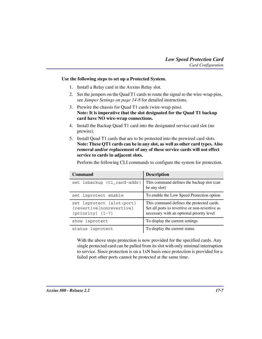 Carrier Access Axxius 800 user manual Use the following steps to set up a Protected System, Command Description 