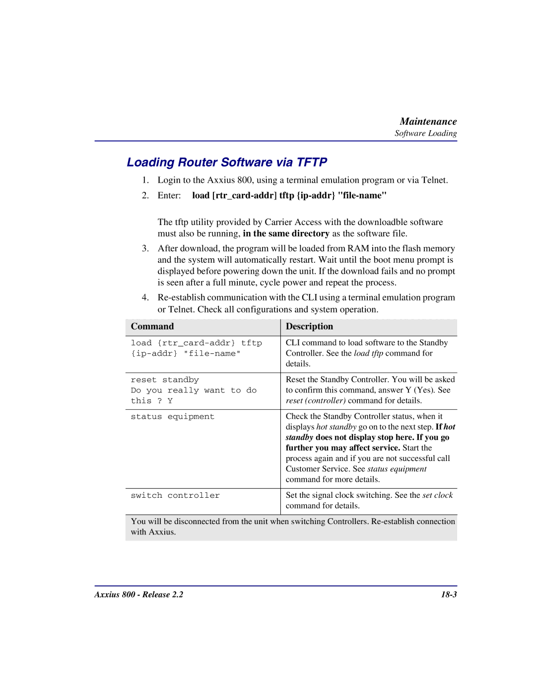 Carrier Access Axxius 800 user manual Loading Router Software via Tftp, Enter load rtrcard-addr tftp ip-addr file-name 