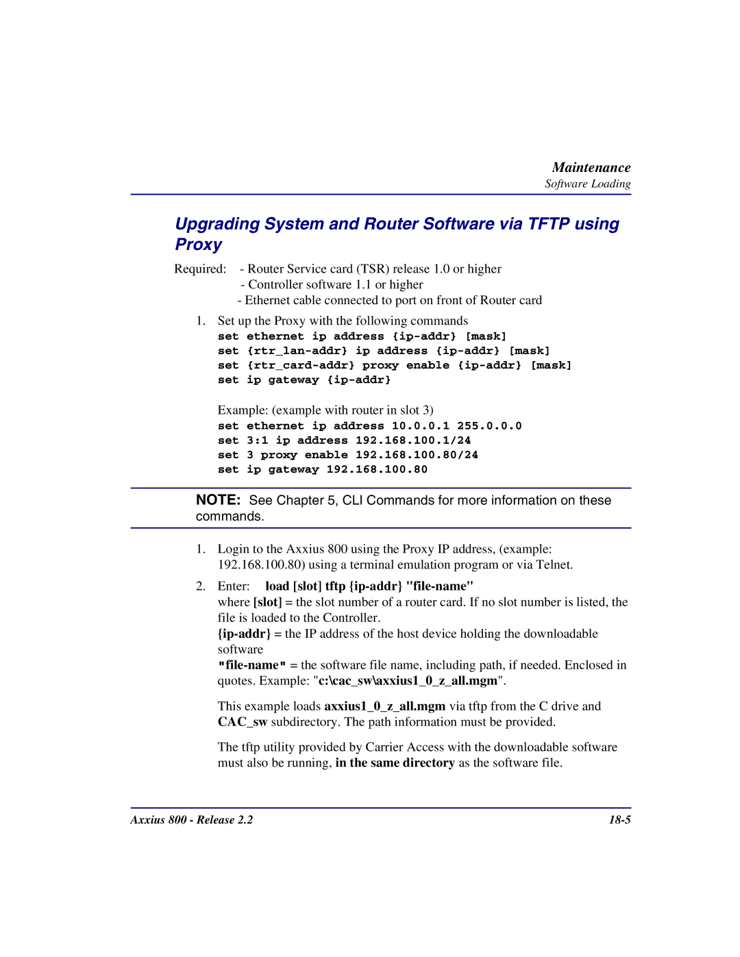 Carrier Access Axxius 800 user manual Upgrading System and Router Software via Tftp using Proxy 