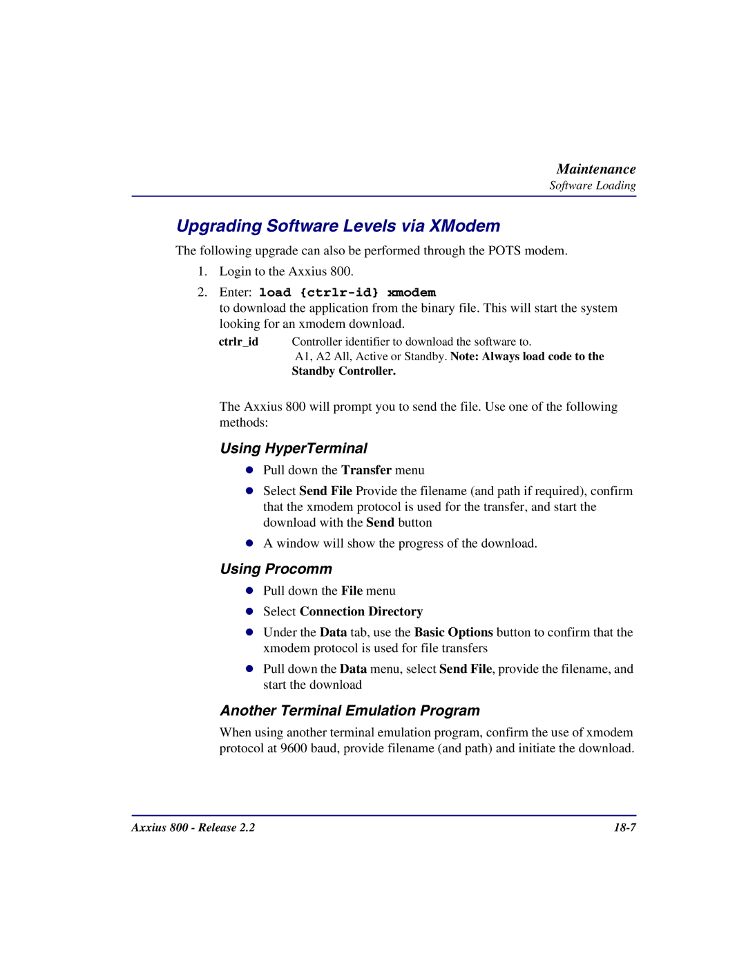 Carrier Access Axxius 800 user manual Upgrading Software Levels via XModem, Select Connection Directory, Standby Controller 