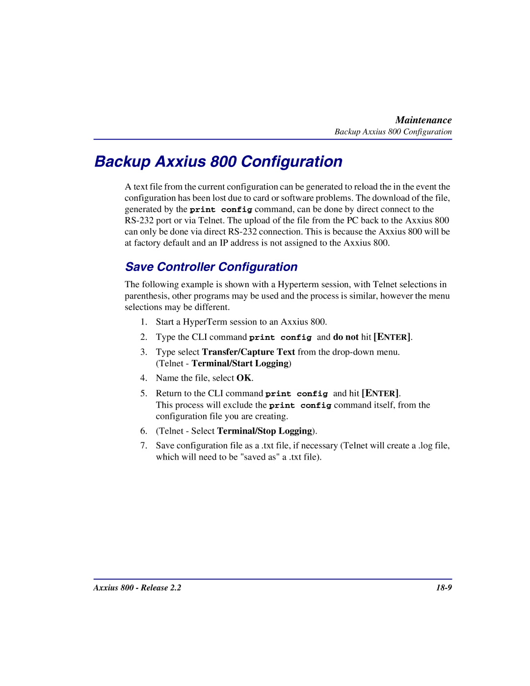 Carrier Access Backup Axxius 800 Configuration, Save Controller Configuration, Telnet Select Terminal/Stop Logging 