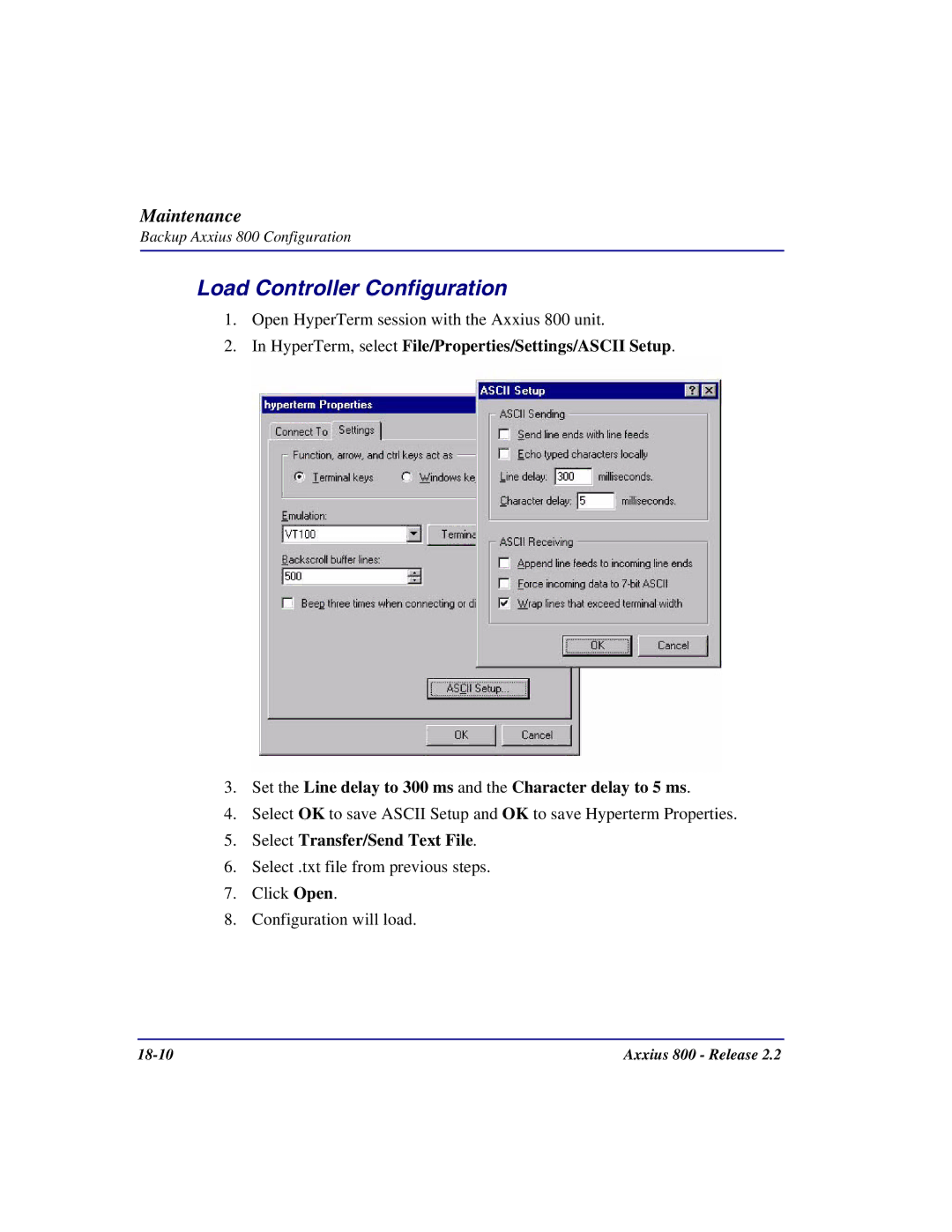 Carrier Access Axxius 800 user manual Load Controller Configuration, Select Transfer/Send Text File 