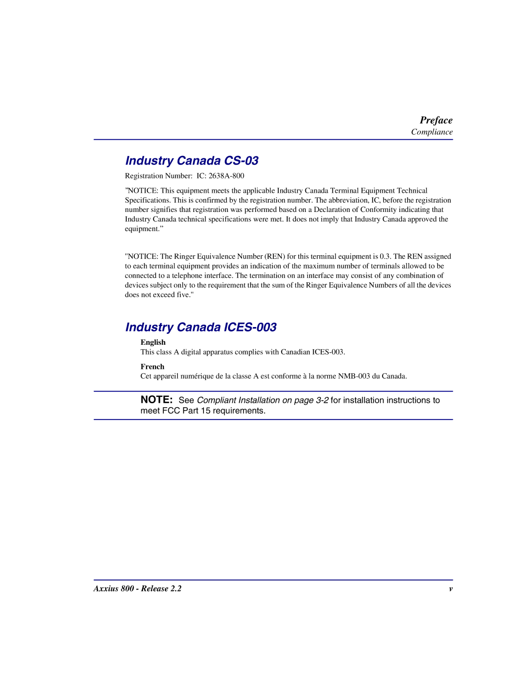 Carrier Access Axxius 800 user manual Industry Canada CS-03, Industry Canada ICES-003 