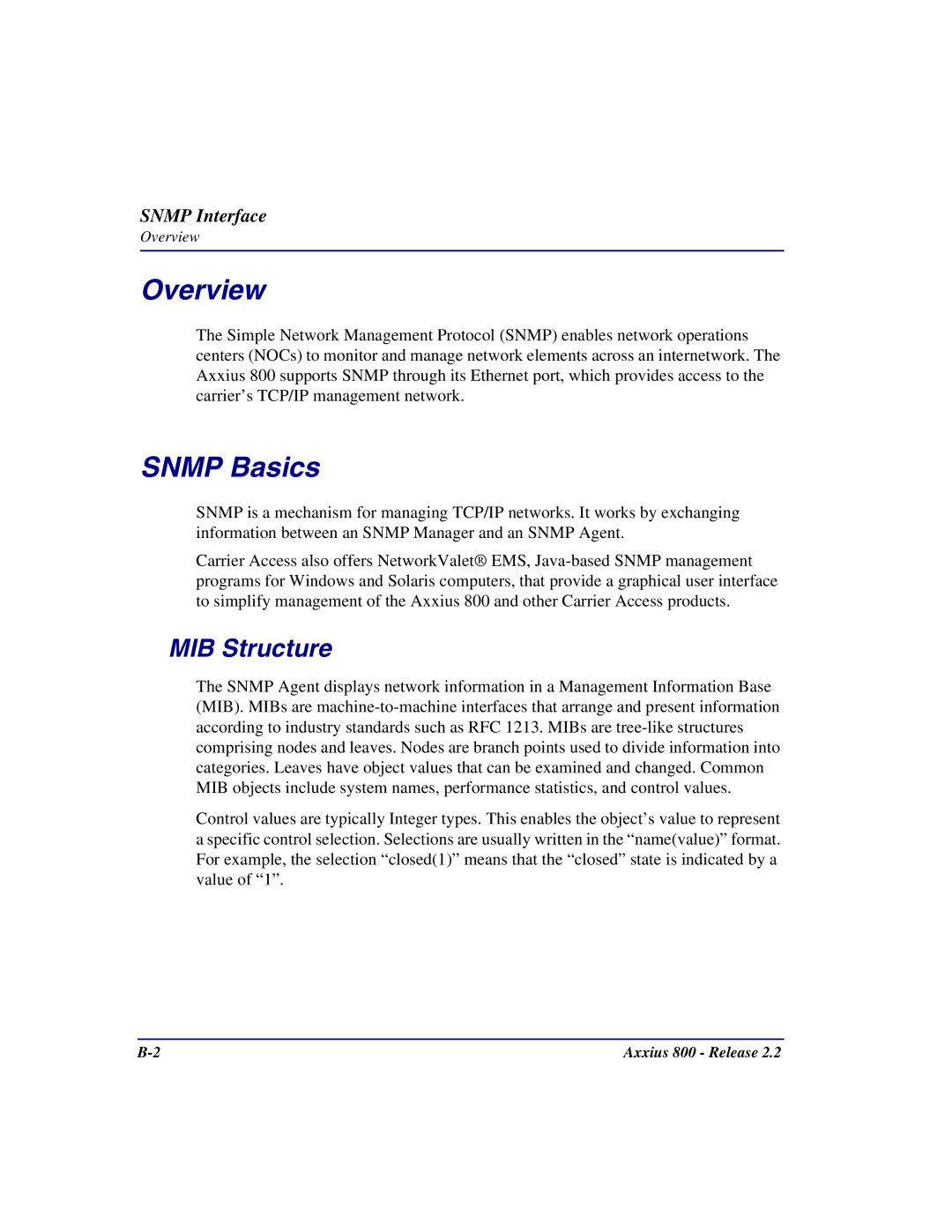 Carrier Access Axxius 800 user manual Snmp Basics, MIB Structure 