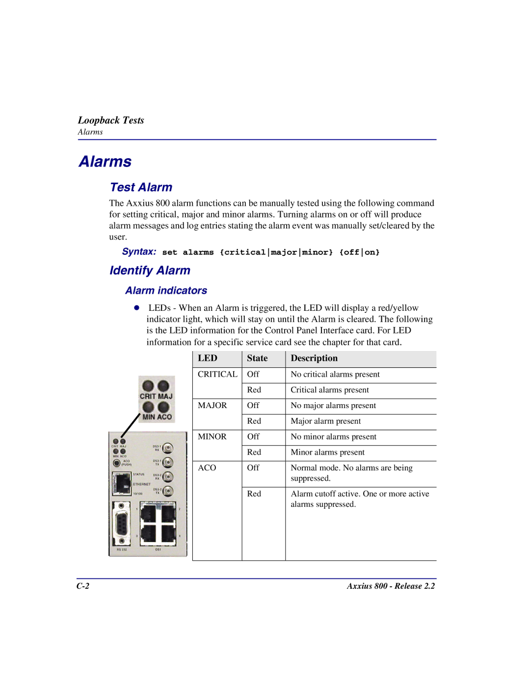 Carrier Access Axxius 800 Test Alarm, Identify Alarm, Alarm indicators, Syntax set alarms criticalmajorminor offon 