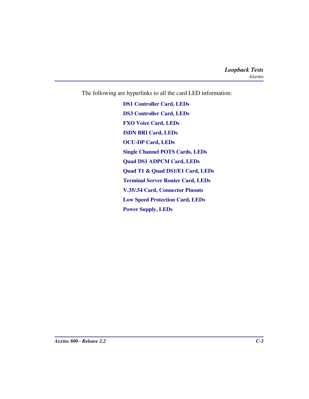 Carrier Access Axxius 800 user manual Following are hyperlinks to all the card LED information 