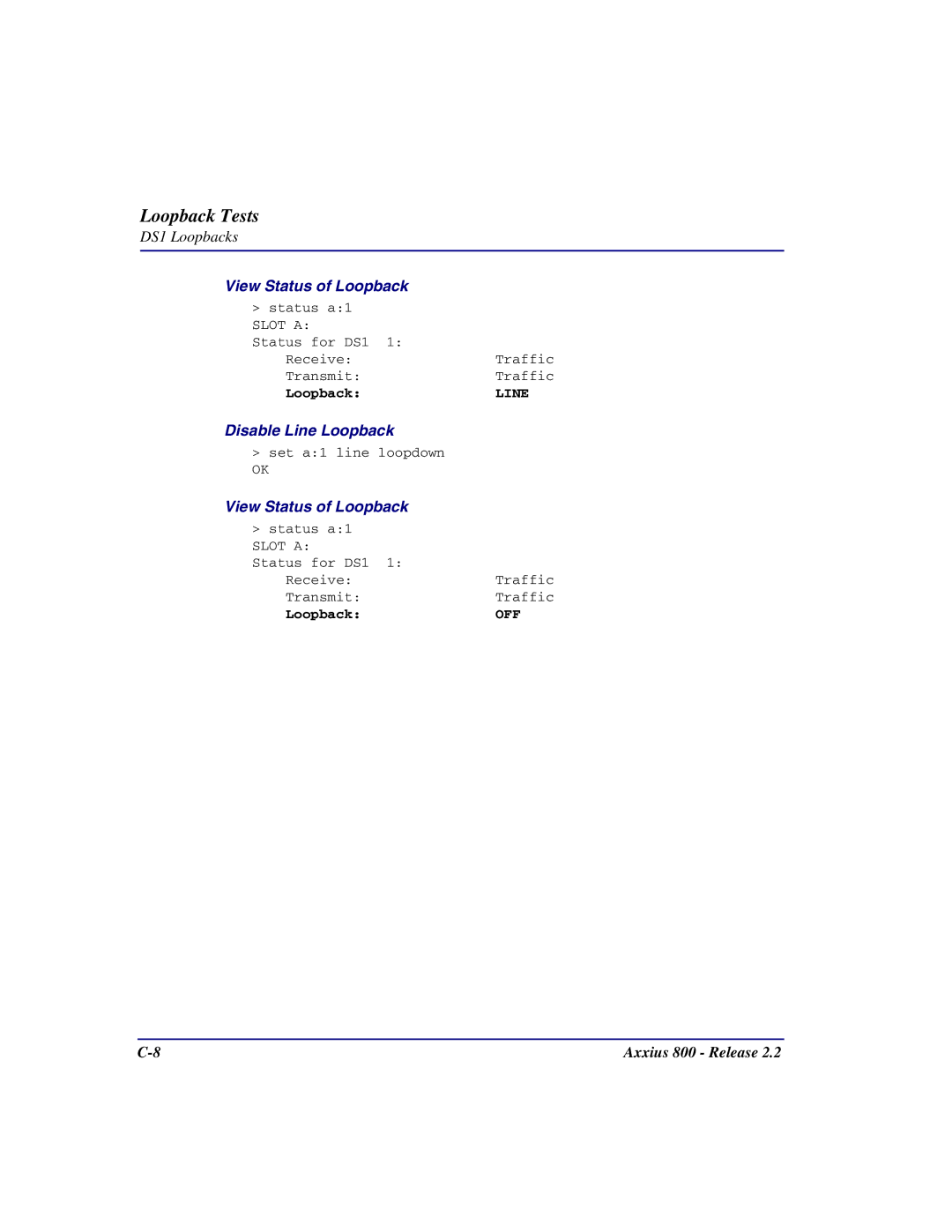 Carrier Access Axxius 800 user manual View Status of Loopback 