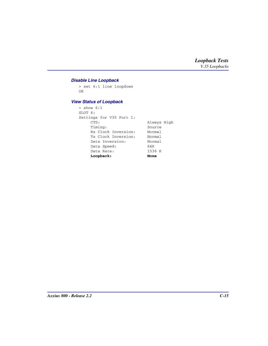 Carrier Access Axxius 800 user manual Loopback None 