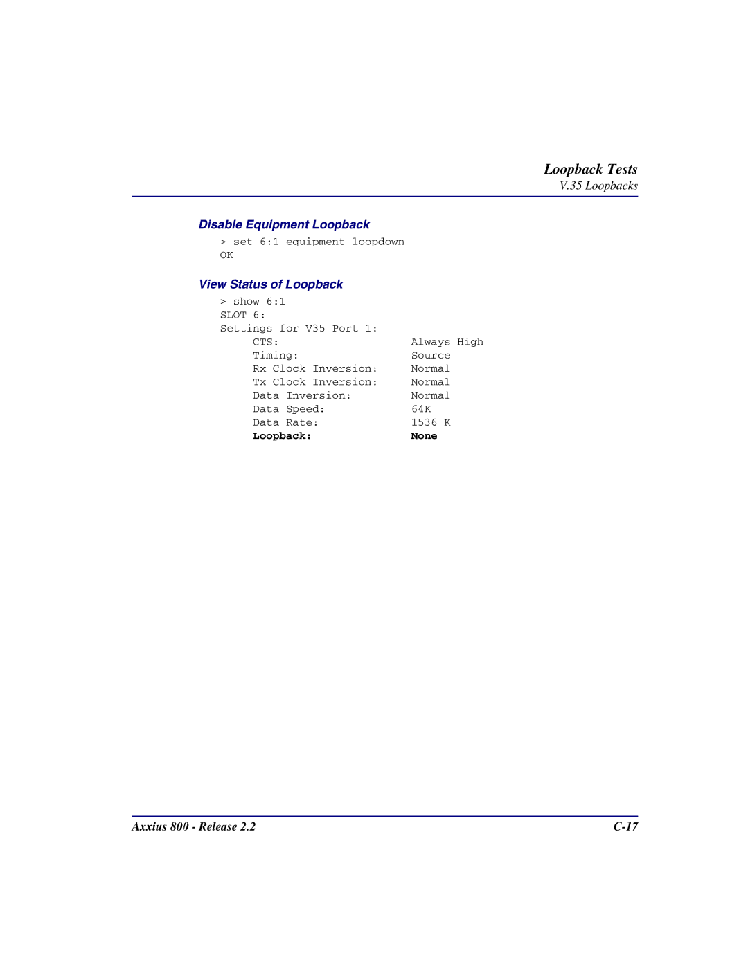 Carrier Access Axxius 800 user manual Set 61 equipment loopdown 