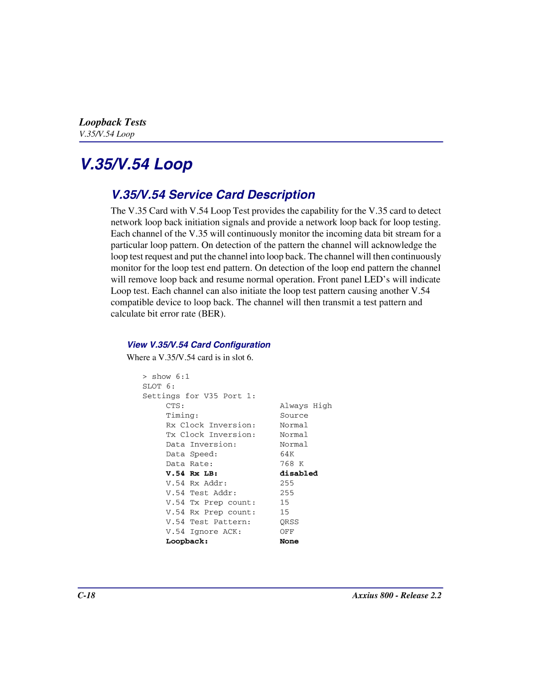 Carrier Access Axxius 800 user manual 35/V.54 Loop, 35/V.54 Service Card Description 