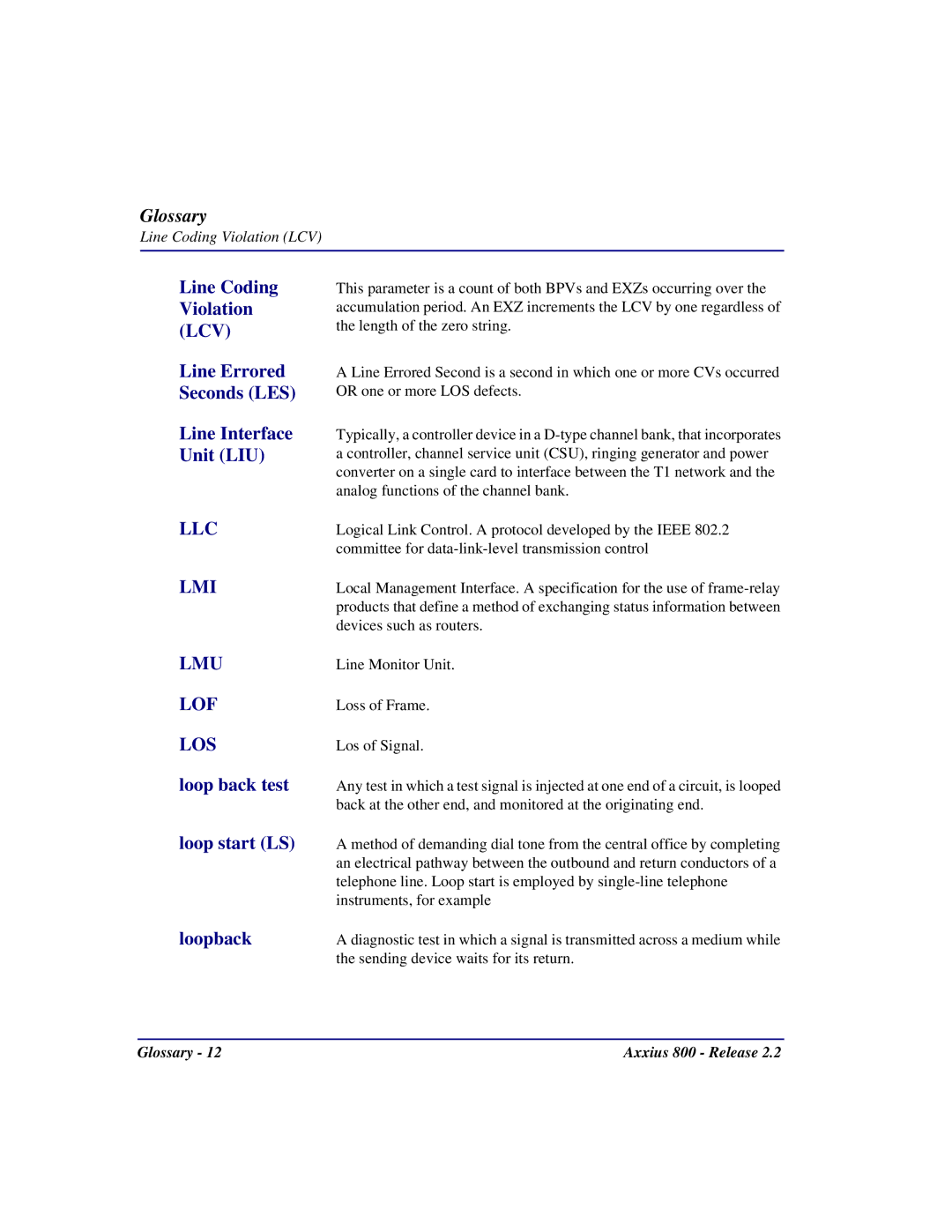 Carrier Access Axxius 800 user manual Llc Lmi Lmu Lof Los 