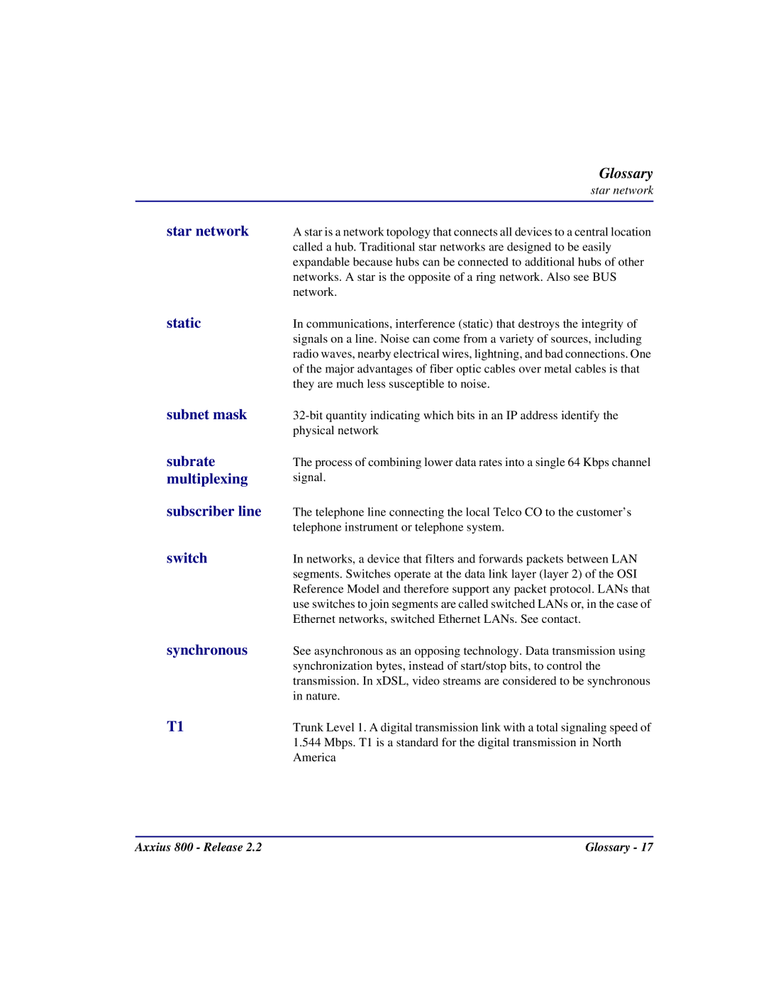 Carrier Access Axxius 800 user manual Star network 