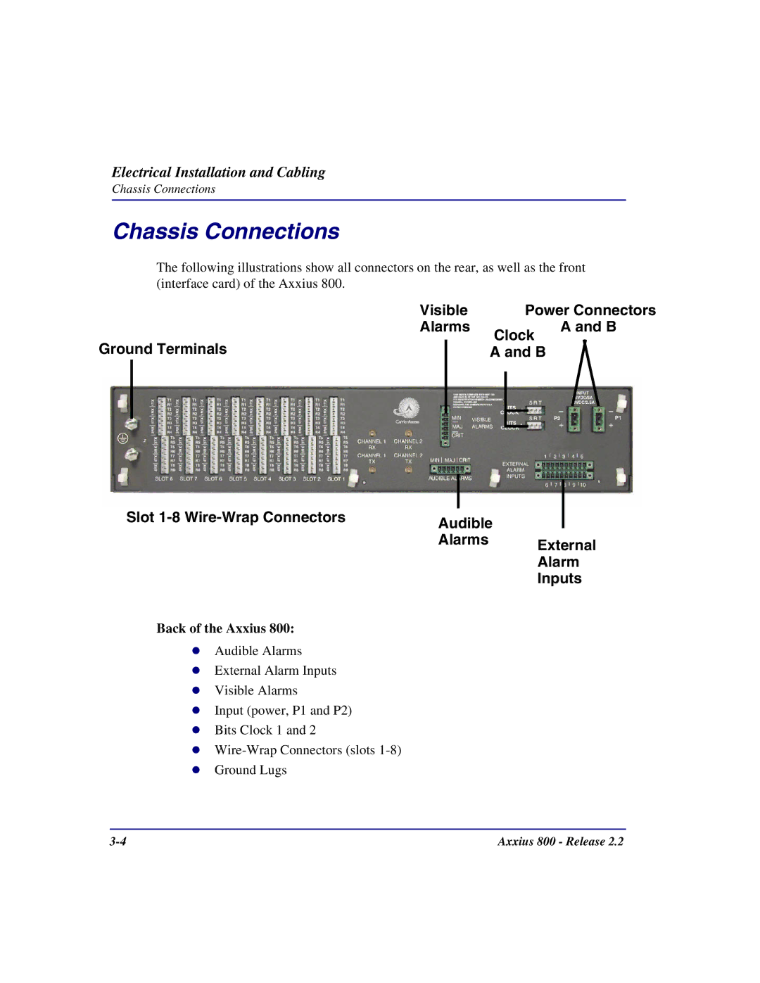 Carrier Access Axxius 800 user manual Chassis Connections, Back of the Axxius 