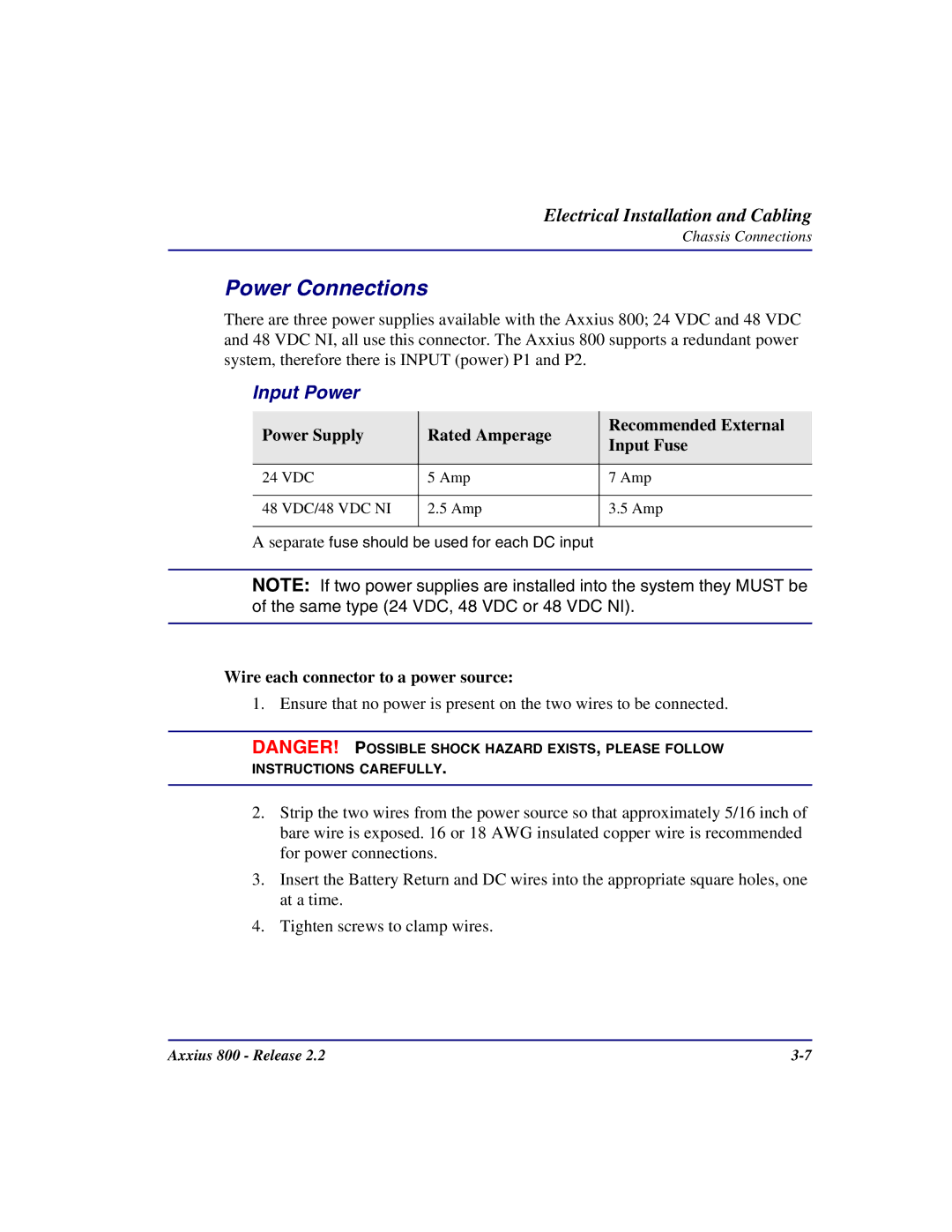 Carrier Access Axxius 800 Power Connections, Input Power, Power Supply Rated Amperage Recommended External Input Fuse 