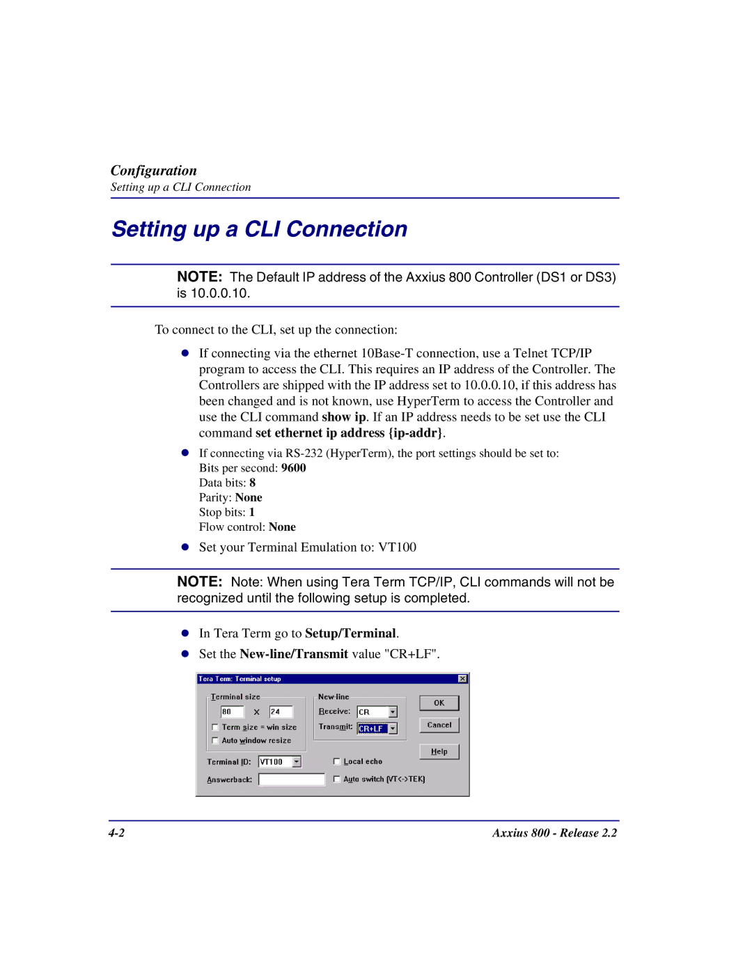 Carrier Access Axxius 800 user manual Setting up a CLI Connection 