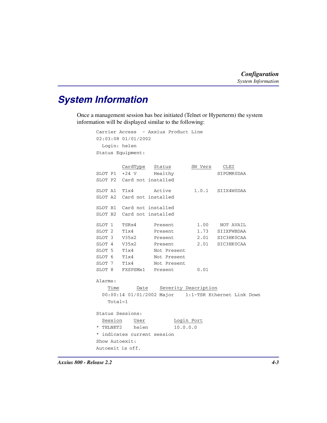 Carrier Access Axxius 800 user manual System Information 