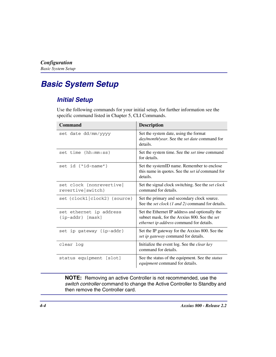 Carrier Access Axxius 800 user manual Basic System Setup, Initial Setup, Command Description 