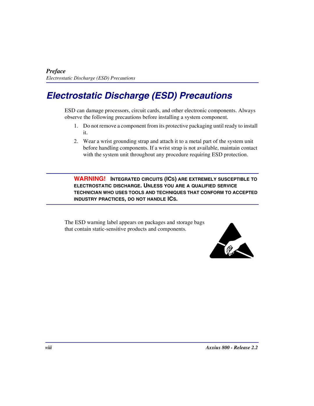 Carrier Access Axxius 800 user manual Electrostatic Discharge ESD Precautions 