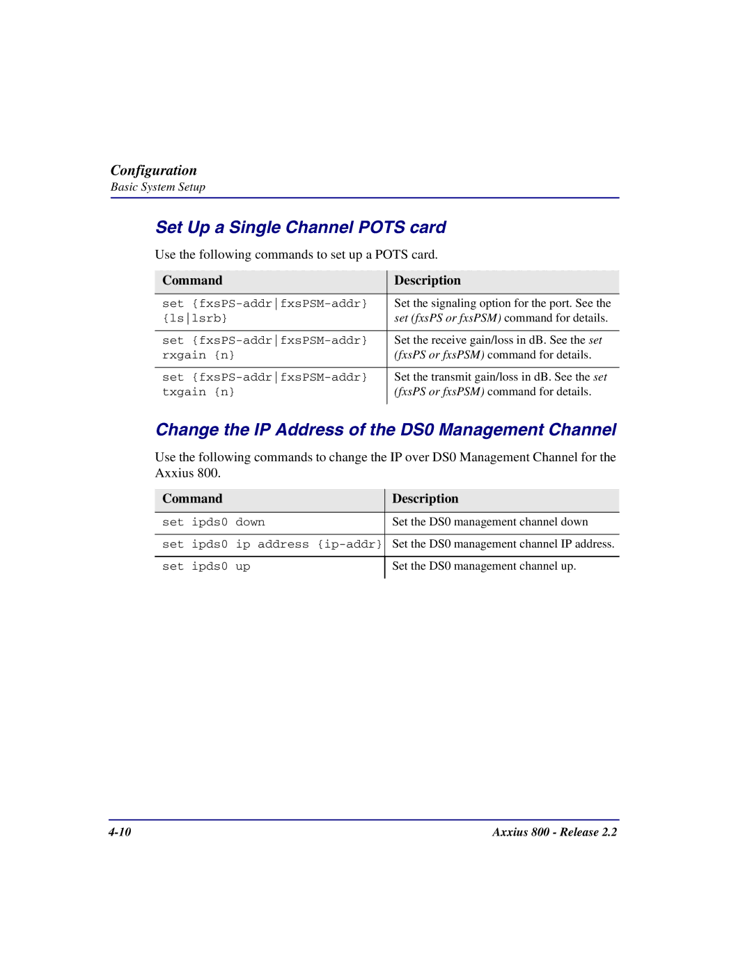 Carrier Access Axxius 800 Set Up a Single Channel Pots card, Change the IP Address of the DS0 Management Channel 