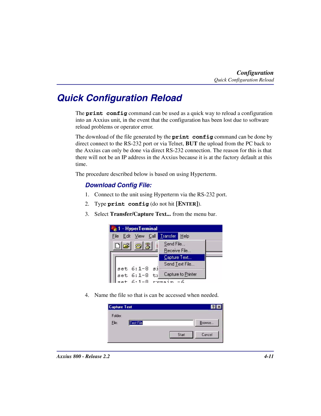 Carrier Access Axxius 800 user manual Quick Configuration Reload, Download Config File 