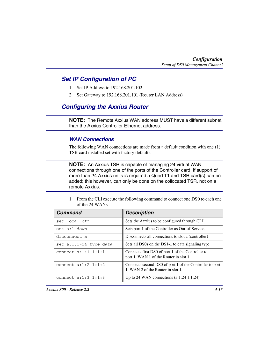 Carrier Access Axxius 800 user manual Set IP Configuration of PC, Configuring the Axxius Router, WAN Connections 