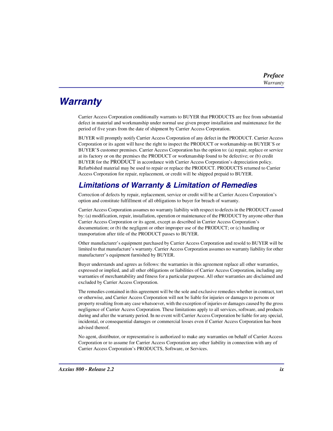 Carrier Access Axxius 800 user manual Limitations of Warranty & Limitation of Remedies 