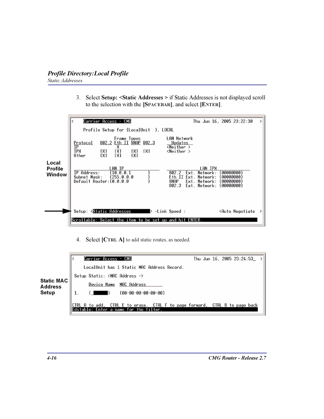 Carrier Access CMG Router user manual Static MAC Address Setup 