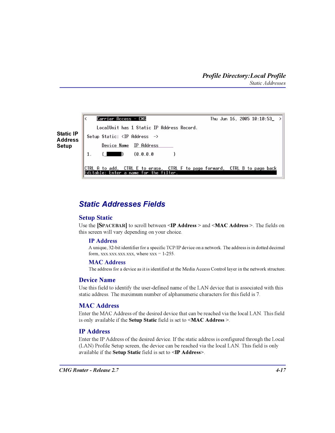 Carrier Access CMG Router user manual Static Addresses Fields, Setup Static, Device Name, MAC Address 