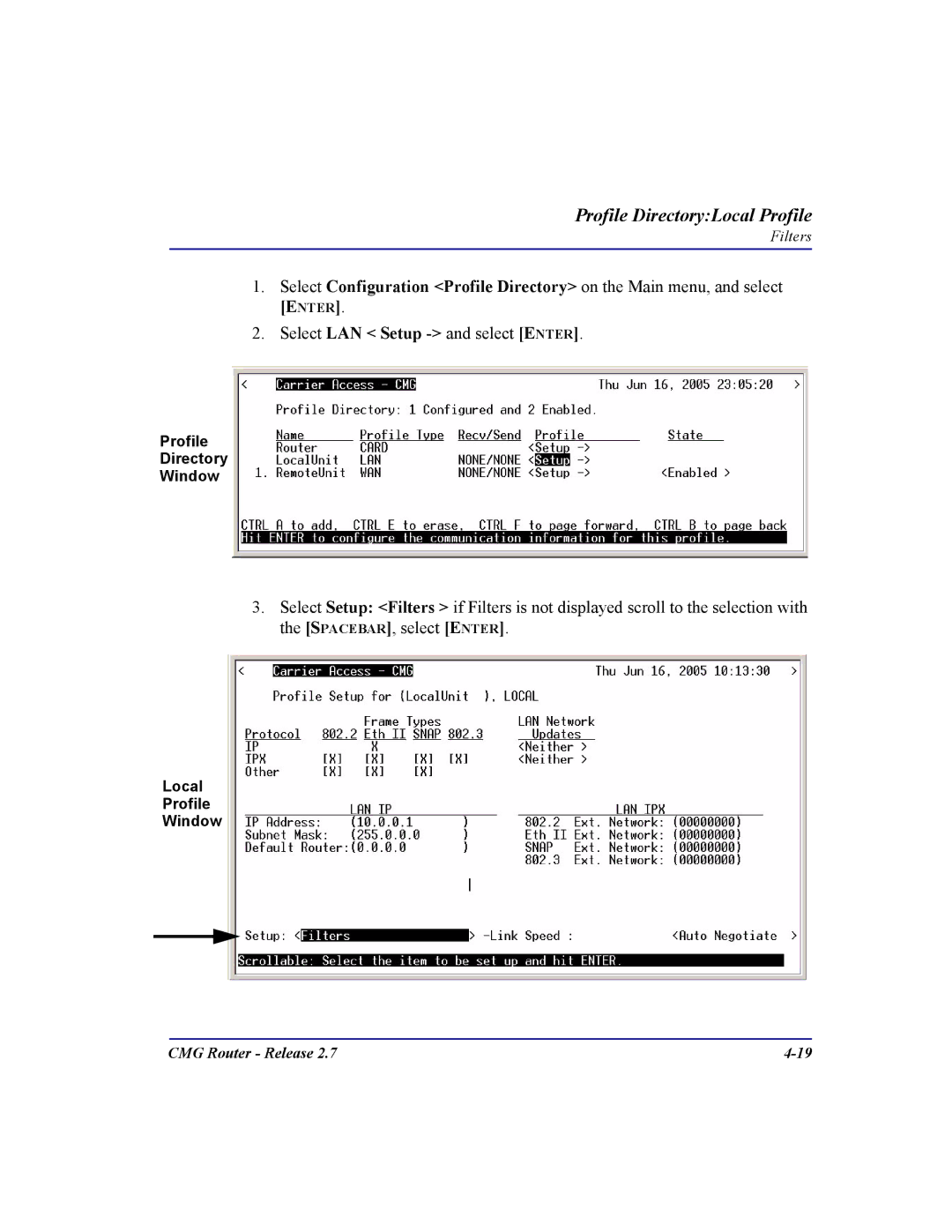 Carrier Access CMG Router user manual Select LAN Setup -and select Enter 