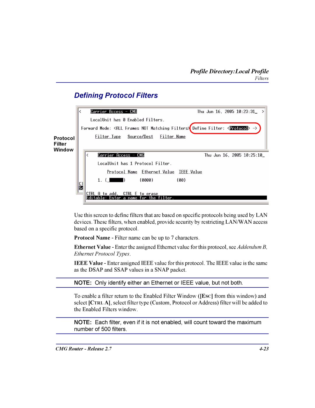 Carrier Access CMG Router user manual Defining Protocol Filters 