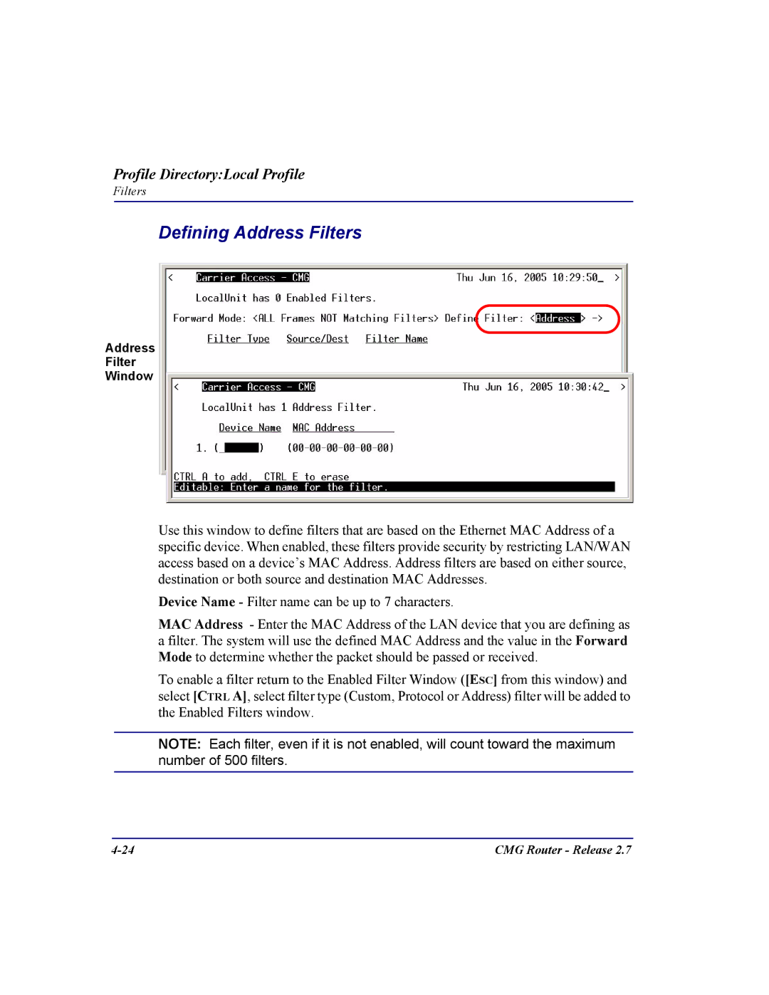 Carrier Access CMG Router user manual Defining Address Filters 