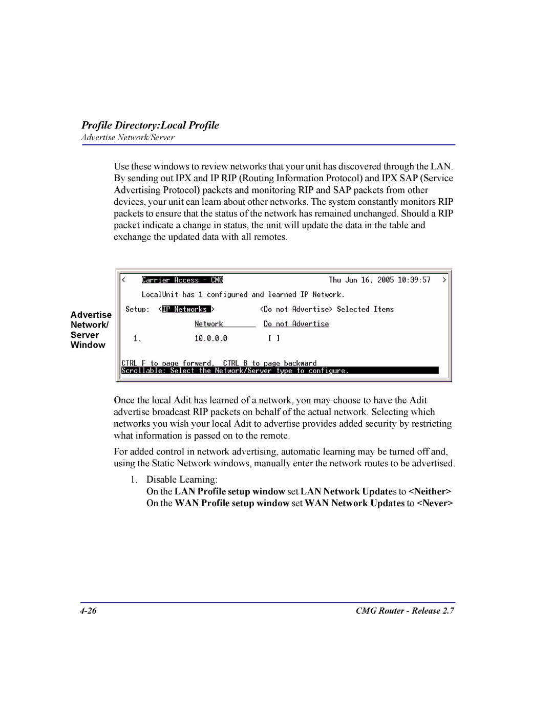 Carrier Access CMG Router user manual Advertise Network Server Window 