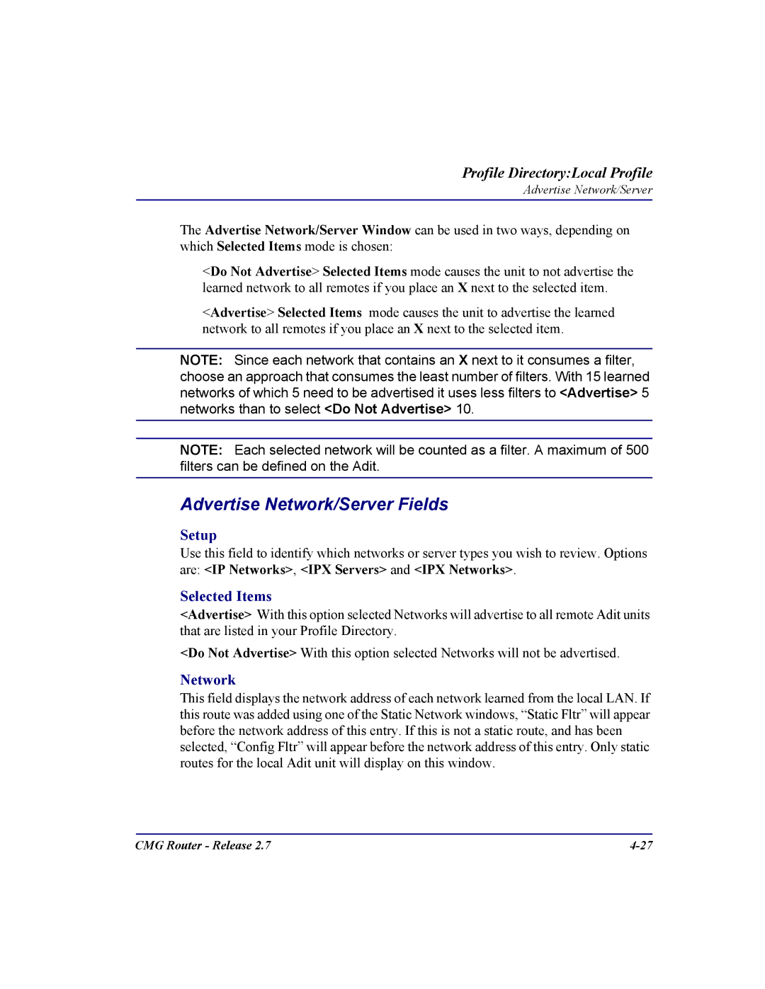 Carrier Access CMG Router user manual Advertise Network/Server Fields, Setup, Selected Items 