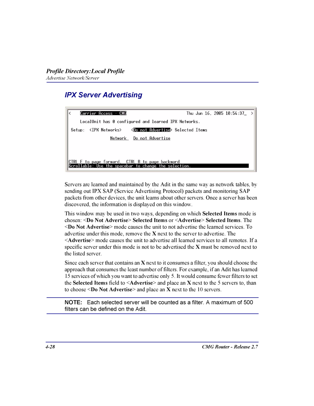 Carrier Access CMG Router user manual IPX Server Advertising 