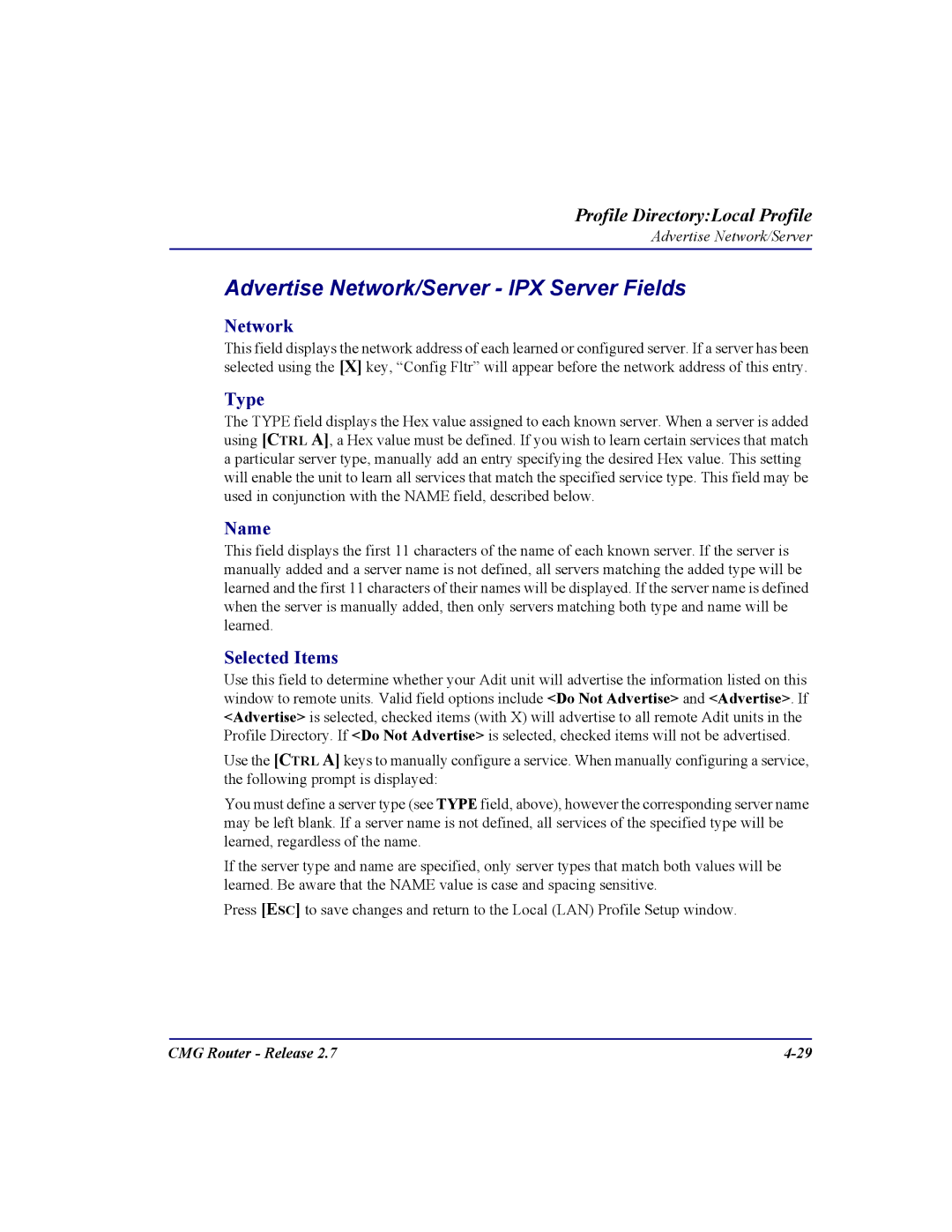 Carrier Access CMG Router user manual Advertise Network/Server IPX Server Fields, Type, Name 