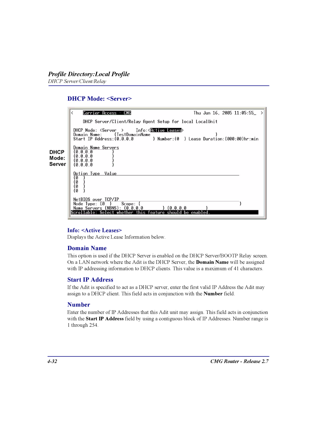 Carrier Access CMG Router user manual Dhcp Mode Server, Domain Name, Start IP Address, Number, Info Active Leases 