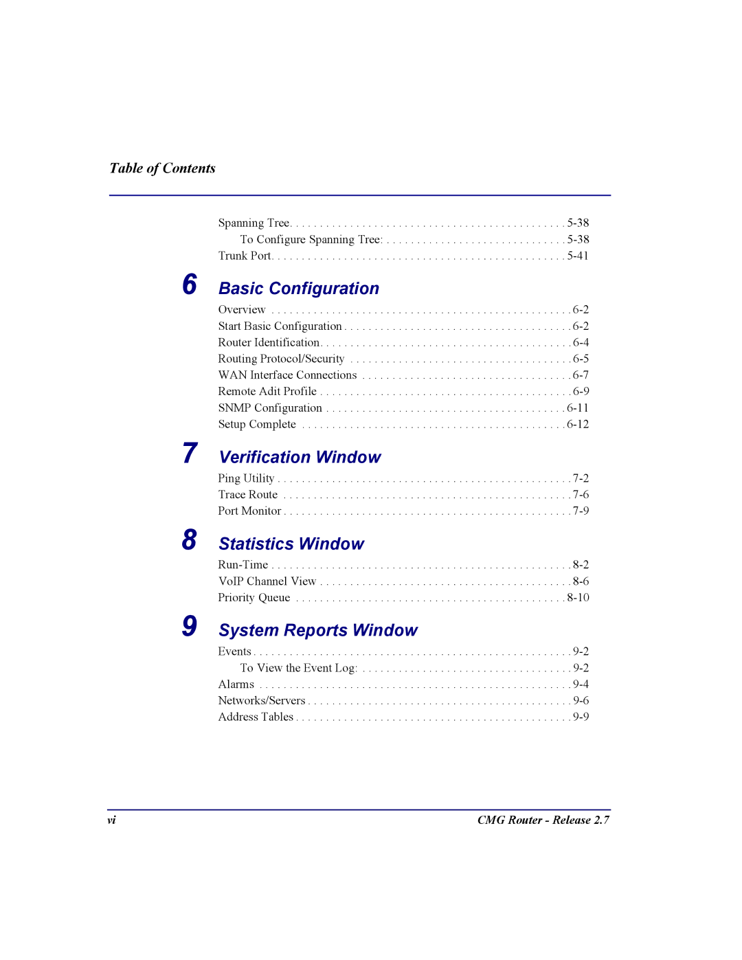 Carrier Access CMG Router user manual Basic Configuration, Verification Window, Statistics Window, System Reports Window 