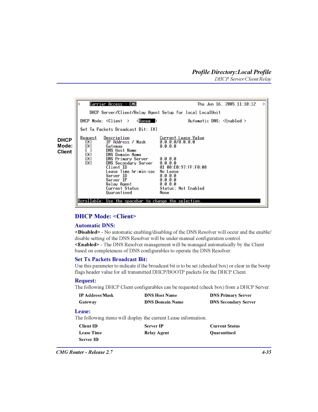 Carrier Access CMG Router user manual Dhcp Mode Client, Automatic DNS, Set Tx Packets Broadcast Bit, Request, Lease 