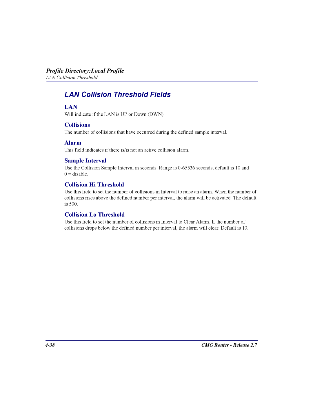 Carrier Access CMG Router user manual LAN Collision Threshold Fields 