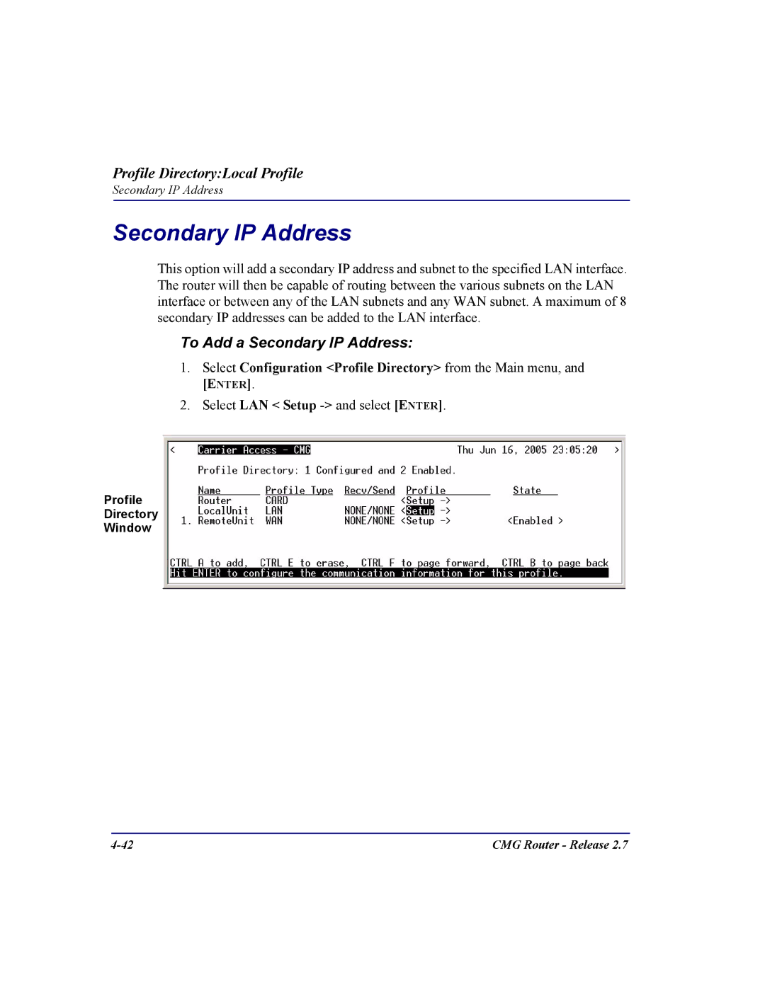 Carrier Access CMG Router user manual To Add a Secondary IP Address 