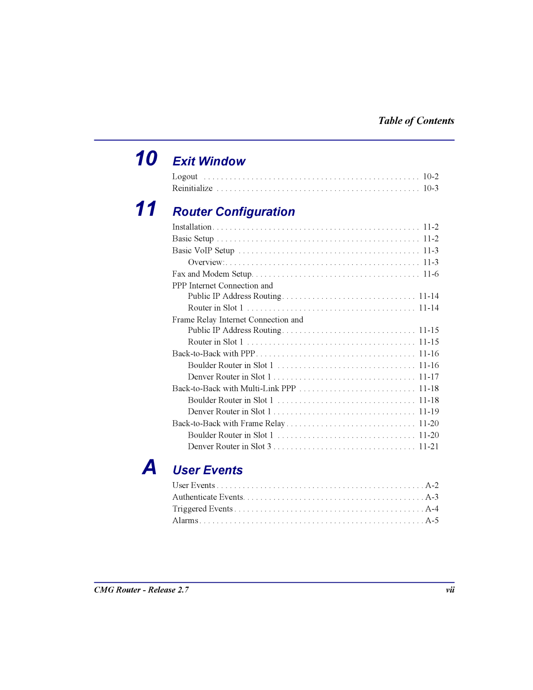 Carrier Access CMG Router user manual Exit Window, Router Configuration, User Events 