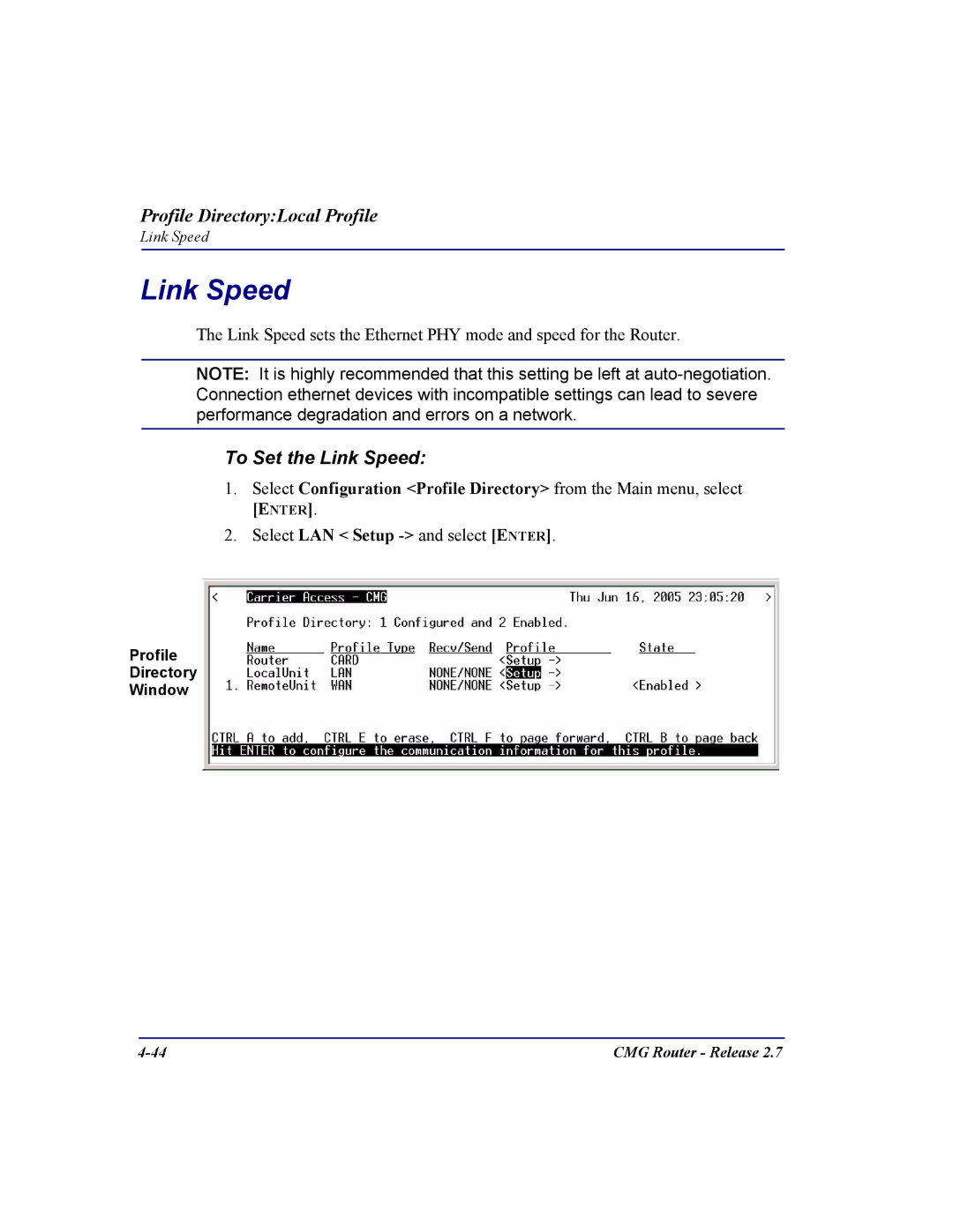 Carrier Access CMG Router user manual To Set the Link Speed 